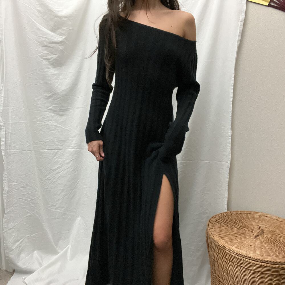 abercrombie & fitch black ribbed knit boatneck sweater maxi midi dress - Picture 2 of 7